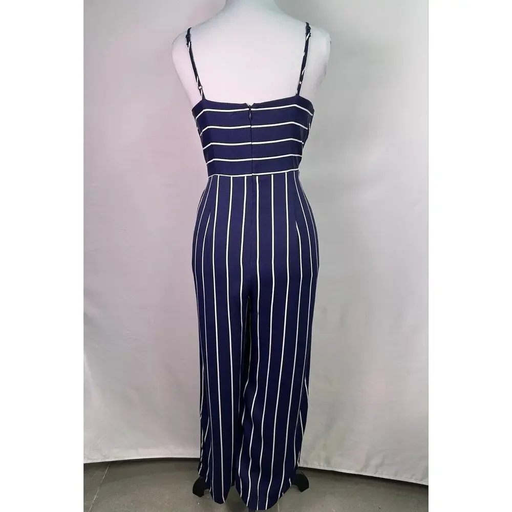 Bardot Layla Navy White Striped Tie Front Wide Leg Jumpsuit Pockets Size 6/Small